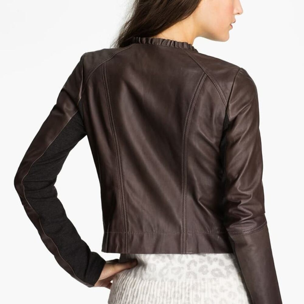 HINGE Ruffle Neck Leather Jacket Small - Picture 2 of 8